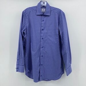David Donahue Mens Blue Gingham Check Cotton Button Down Dress Shirt Size S